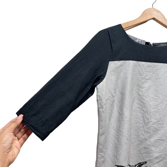 Knitted Dove Dress Gray Black Owl Print3/4 Sleeve Tunic Mini Dress Size S - Picture 9 of 12